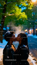 Two Women Sharing a Tender Kiss in Snowy Evening