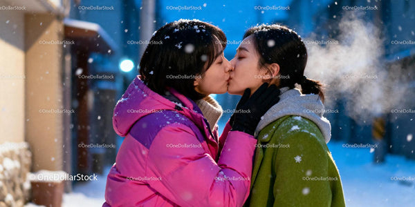 Couple sharing a tender kiss in snowy winter evening