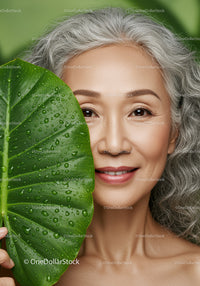 Elderly Woman Smiling Behind Green Leaf with Fresh Dewdrops