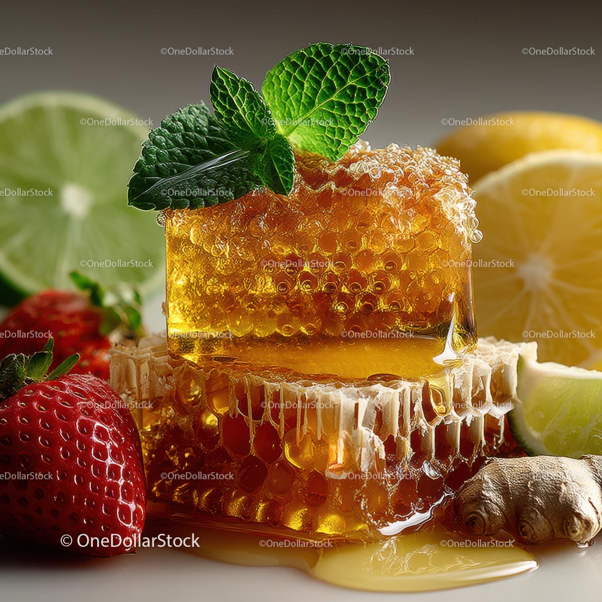 Fresh Honeycomb with Strawberries and Lime Garnish