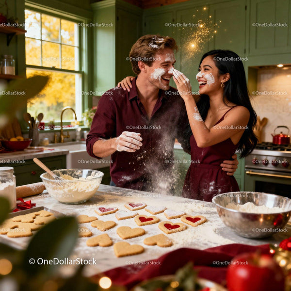 Couple playfully baking heart-shaped cookies in cozy kitchen