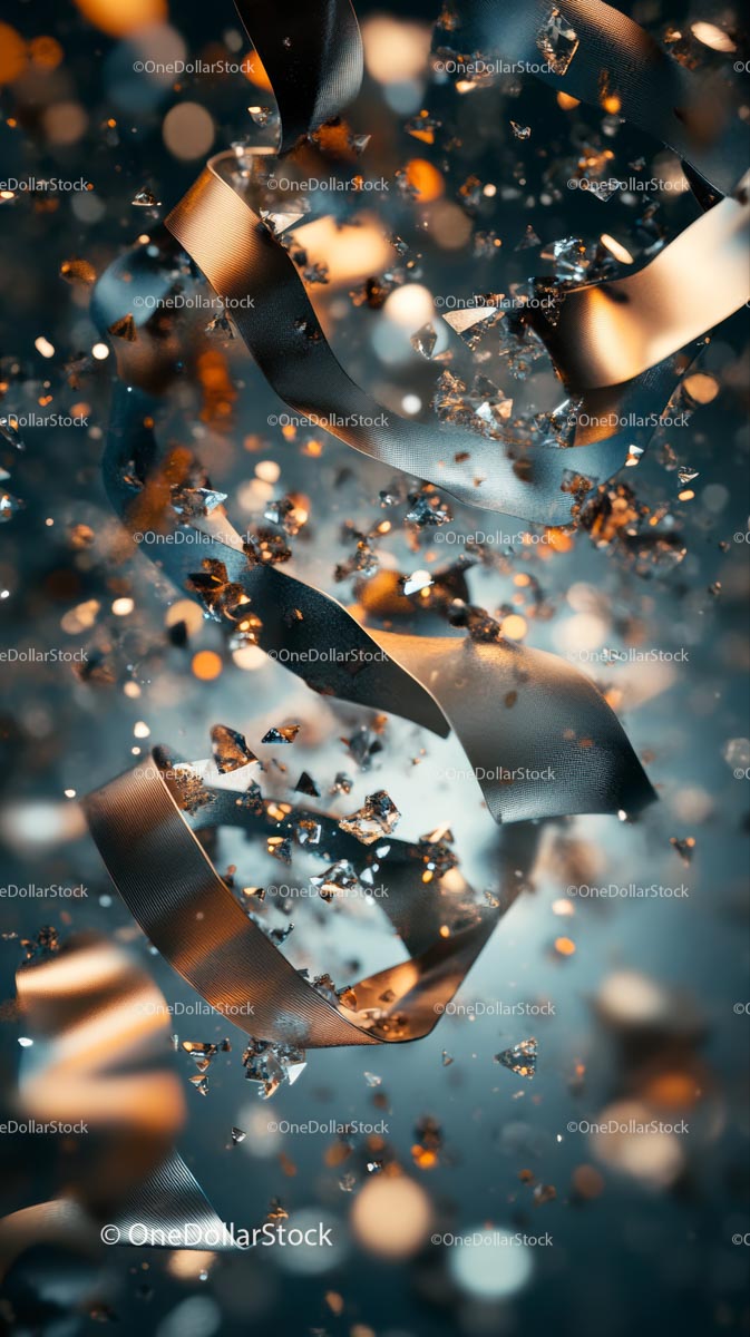Zbliżenie metalicznego konfetti i wstążek na uroczystość