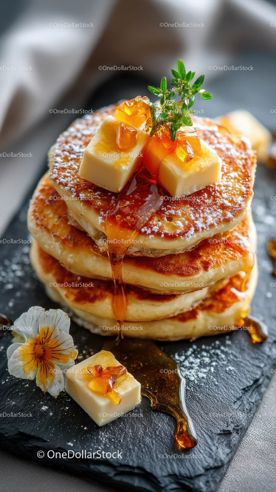 Stack of Fluffy Pancakes with Butter and Maple Syrup Topping