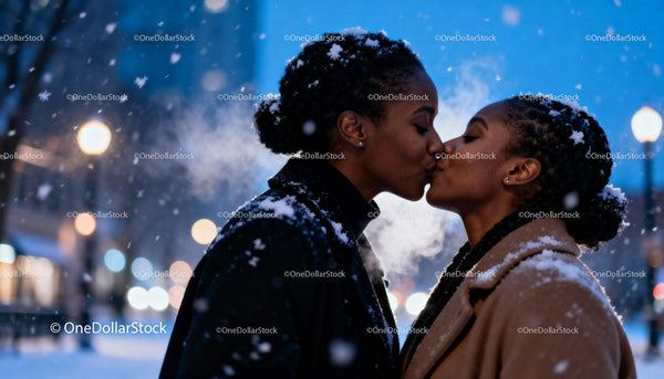 Couple Sharing a Tender Kiss on Snowy Winter Evening