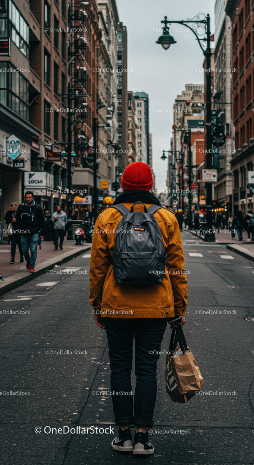 Urban Street Scene with Pedestrian in Casual Clothing and Backpack