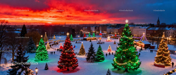 Festive Christmas Market with Illuminated Trees at Sunset
