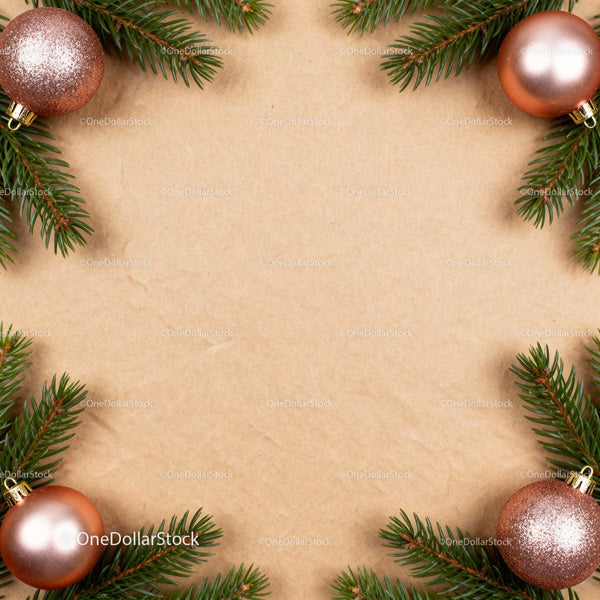 Christmas Border with Pine Branches and Rose Gold Ornaments