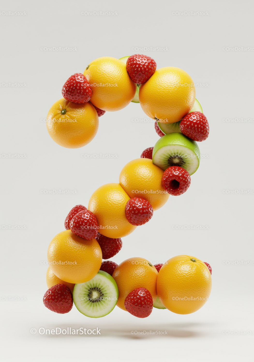 Number two shaped from fresh vibrant fruits