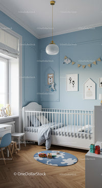 Children's Nursery Room with Blue Walls and Playful Decor