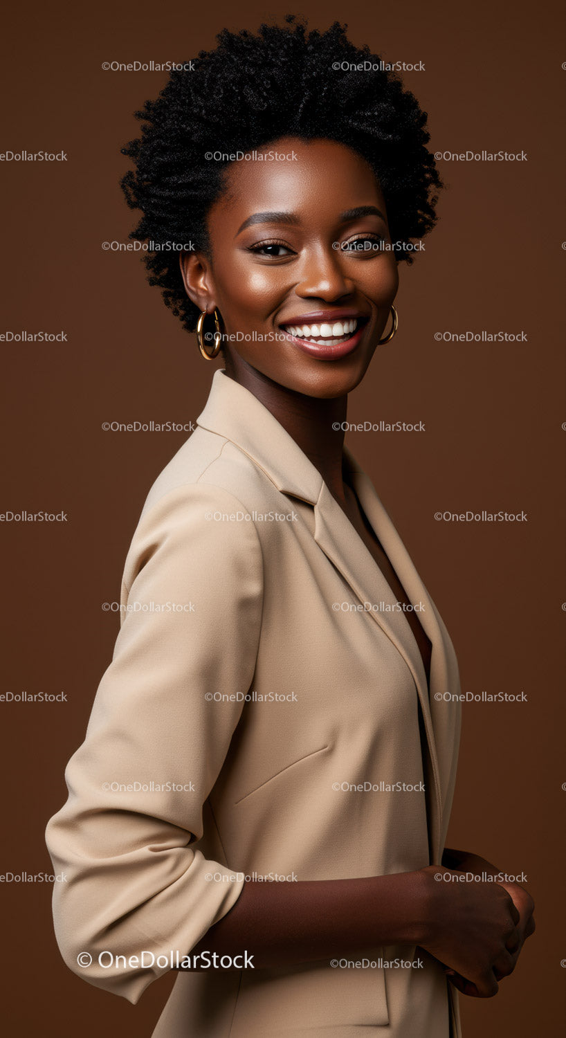 Elegant Black Woman in Beige Blazer with Bright Smile for Professional Portrait