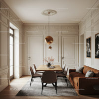 Elegant Modern Dining Room with Leather Sofa and Artistic Wall Decor