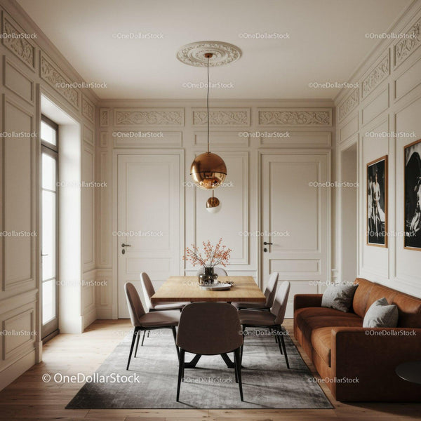 Elegant Modern Dining Room with Leather Sofa and Artistic Wall Decor