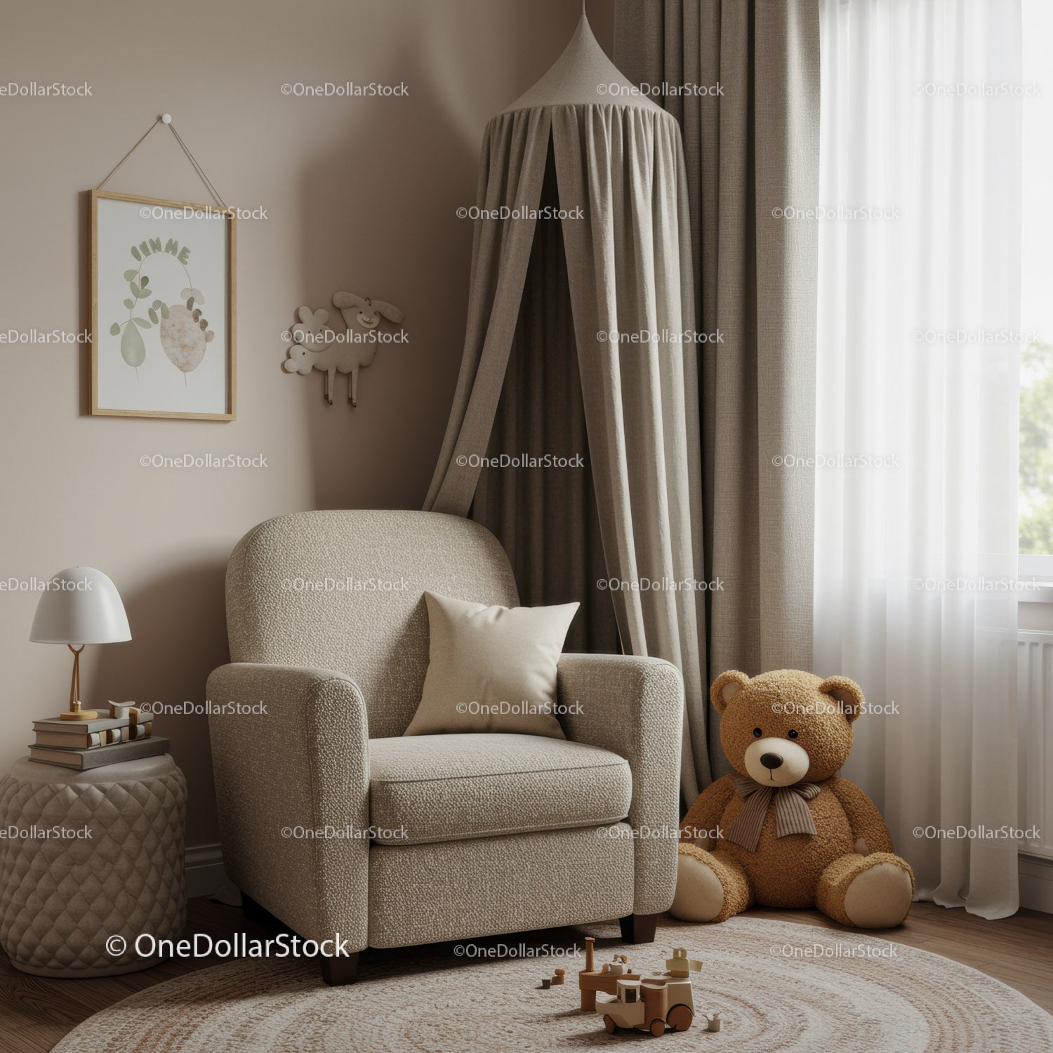 Cozy Beige Reading Corner with Plush Bear and Toys