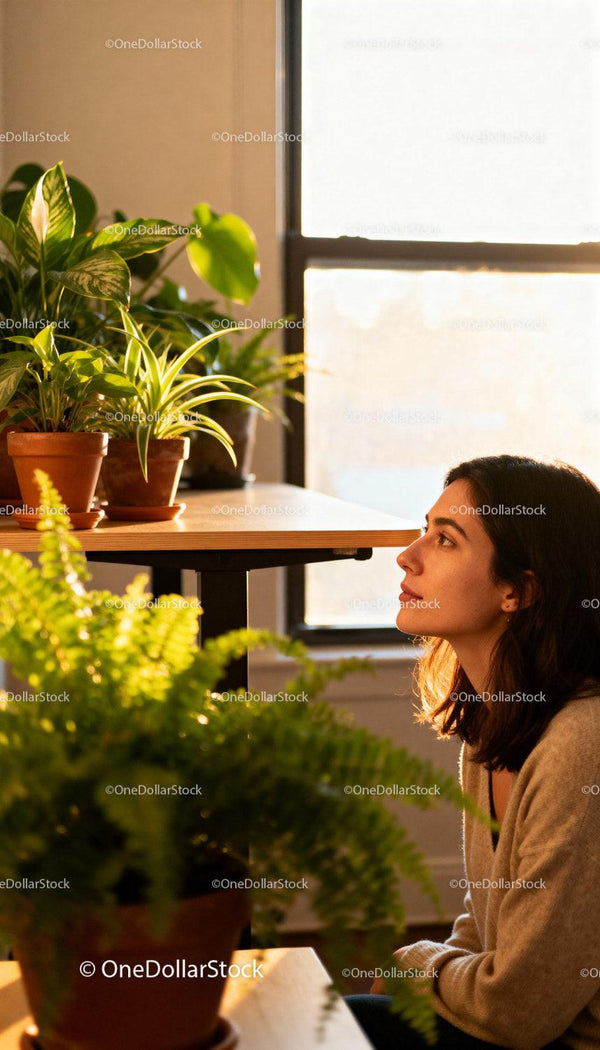 Young woman contemplating houseplants in warm sunlight