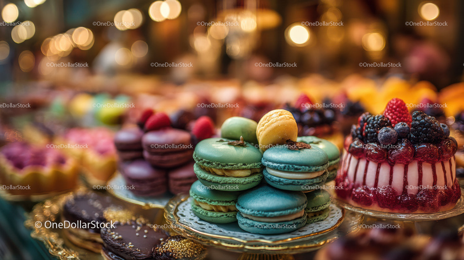Colorful Macarons and Fruit Tart Display at Dessert Shop