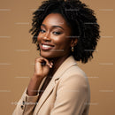 Elegant Woman with Curly Hair in Beige Blazer Portrait