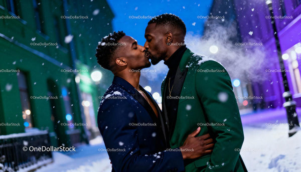 Romantic winter kiss between stylish couple outdoors