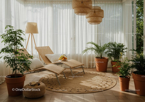 Cozy sunlit indoor lounge with plants and wicker furniture