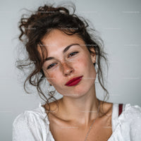 Young Woman with Curly Hair and Freckles Wearing White Blouse