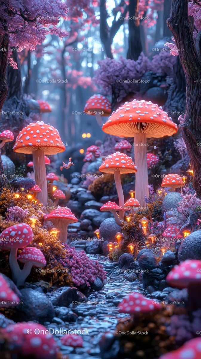 Colorful Glowing Mushrooms in Enchanted Fairy Tale Forest Scene