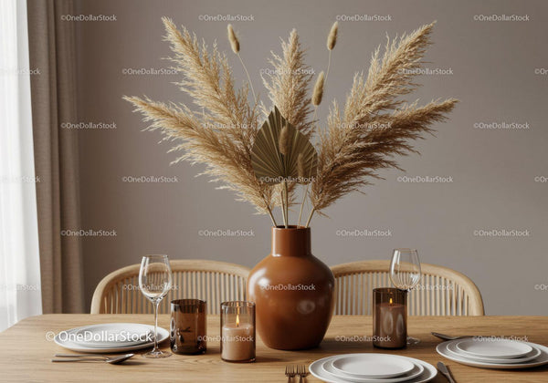Elegant Pampas Grass and Candlelit Dining Table Decor in Modern Home