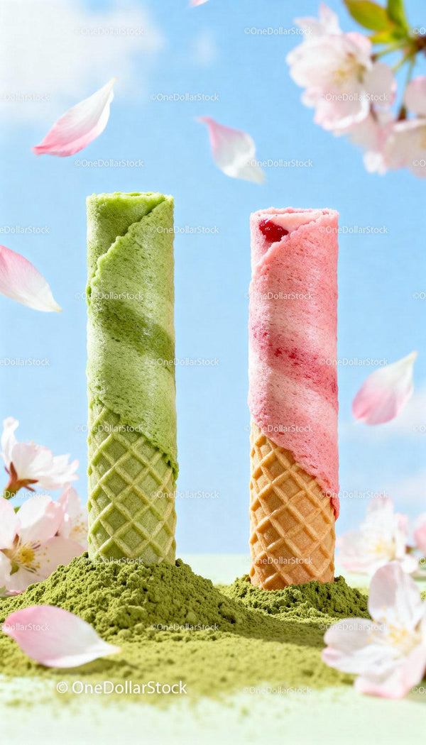 Dwa Kolorowe Rolowane Lody w Waflowych Rożkach z Płatkami Kwiatów
