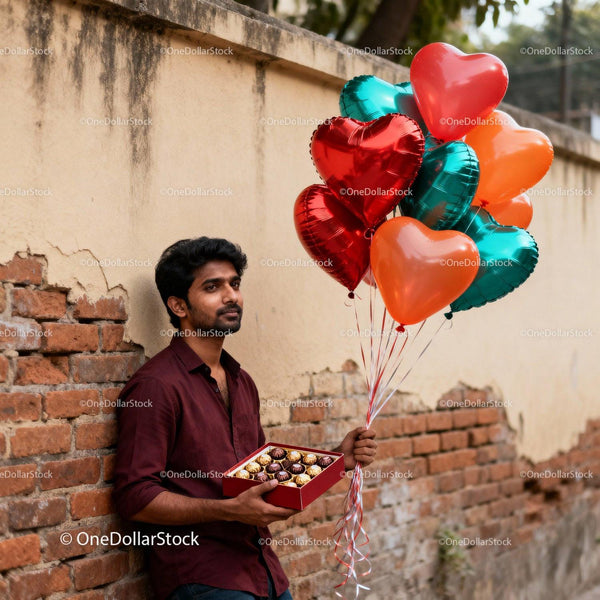 Man Holding Heart Balloons and Chocolates Against Wall