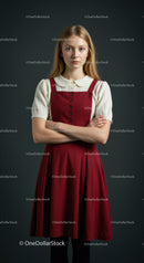 Young Woman in Red Dress and White Blouse Studio Portrait