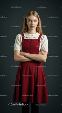 Young Woman in Red Dress and White Blouse Studio Portrait