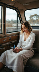 Young Woman Sitting on Vintage Bus with Scenic Window View