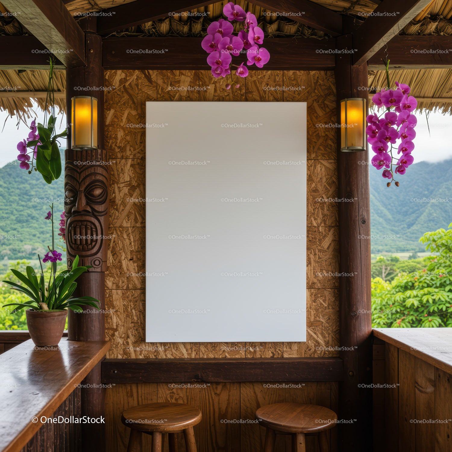 Cozy tropical hut with blank canvas and purple orchids