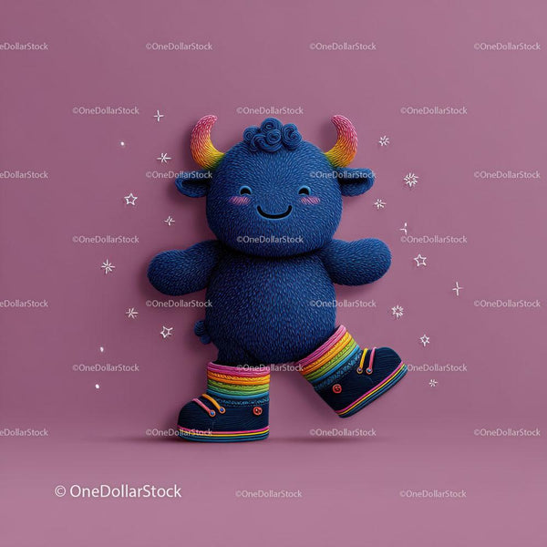 Smiling Blue Plush Creature With Rainbow Boots