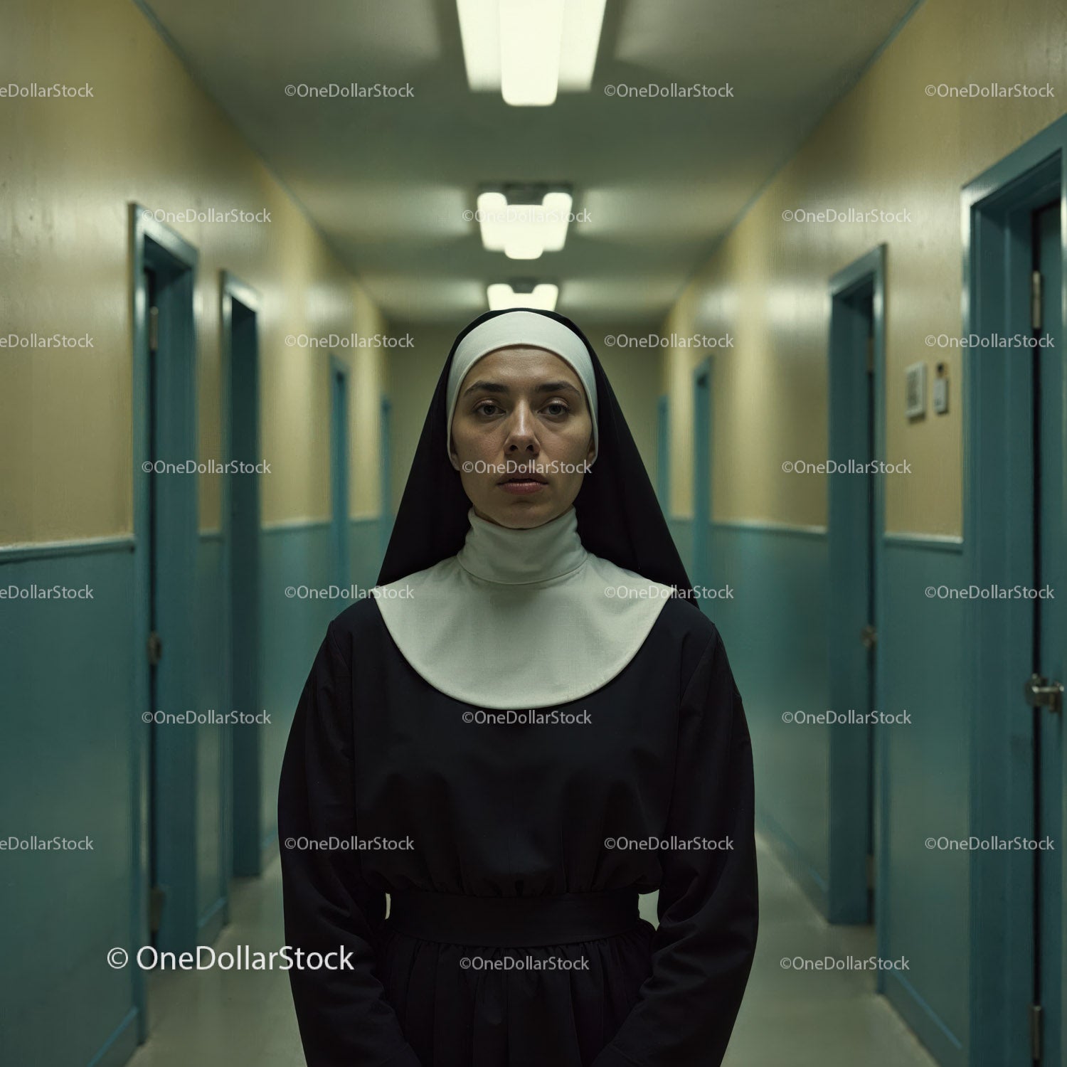 Confident Nurse in Hospital Corridor With Serious Expression