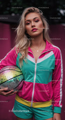 Young Woman Holding Disco Ball in Colorful Sportswear Outdoors