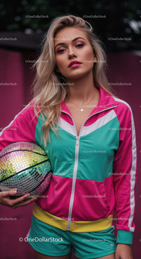 Young Woman Holding Disco Ball in Colorful Sportswear Outdoors