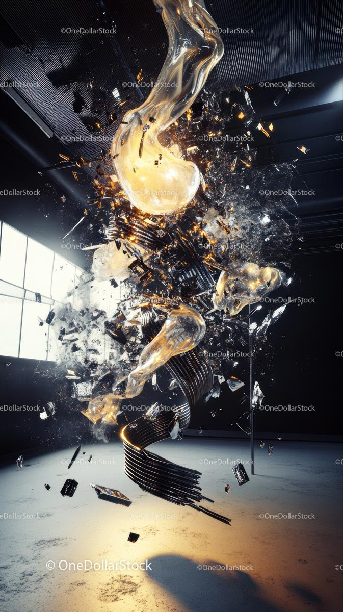 Glass Sculpture Explosion with Shattered Fragments and Dramatic Lighting
