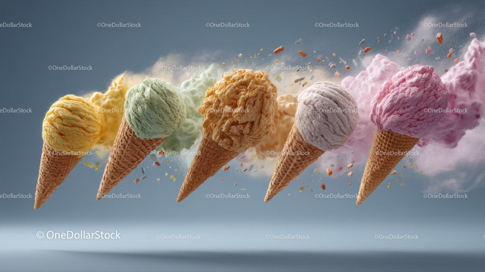 Colorful Ice Cream Cones Splashing in Midair