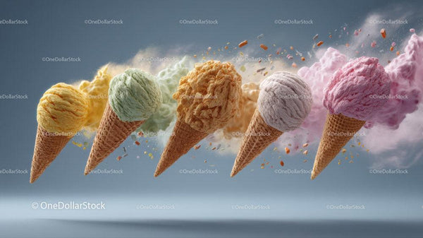Kolorowe lody w rożkach rozpryskujące się w powietrzu