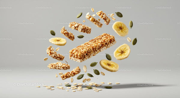 Baton z płatkami bananowymi i pestkami dyni unoszący się w powietrzu