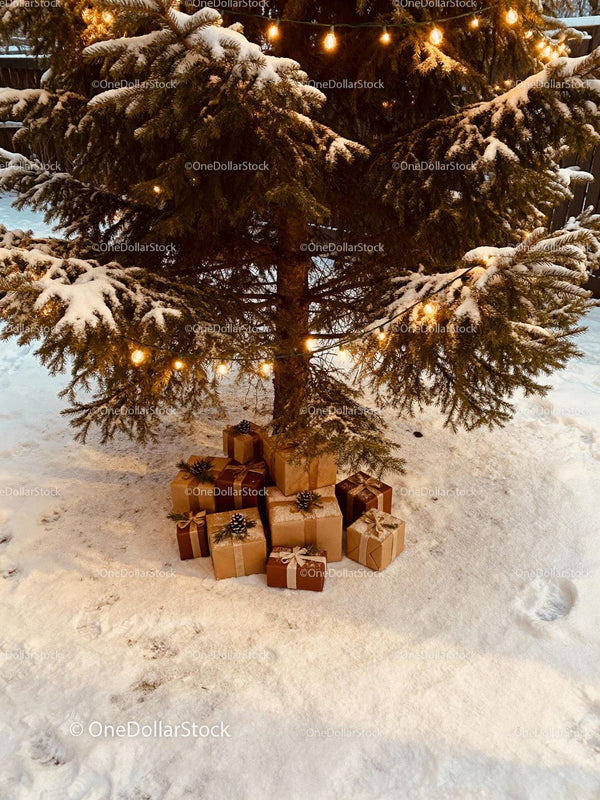 Snowy Christmas tree with wrapped gifts and warm lights