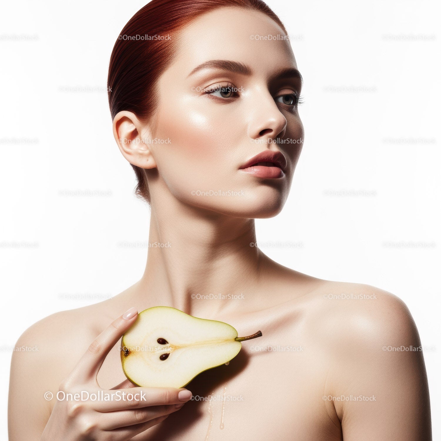 Elegant Woman with Perfect Skin Holding a Pear for Beauty Concept