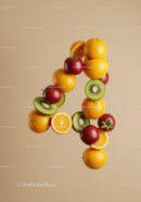 Number four made from fresh vibrant fruits on beige