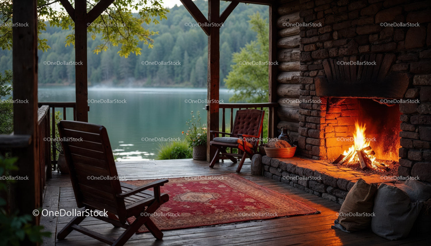 Rustic Lakeside Porch with Fireplace and Scenic Nature Views