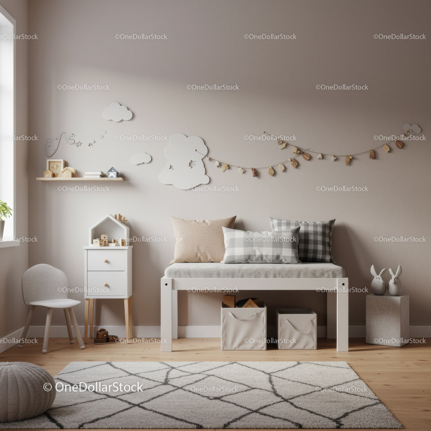 Cute Children's Bedroom with Cloud Wall Decorations and Wooden Toys