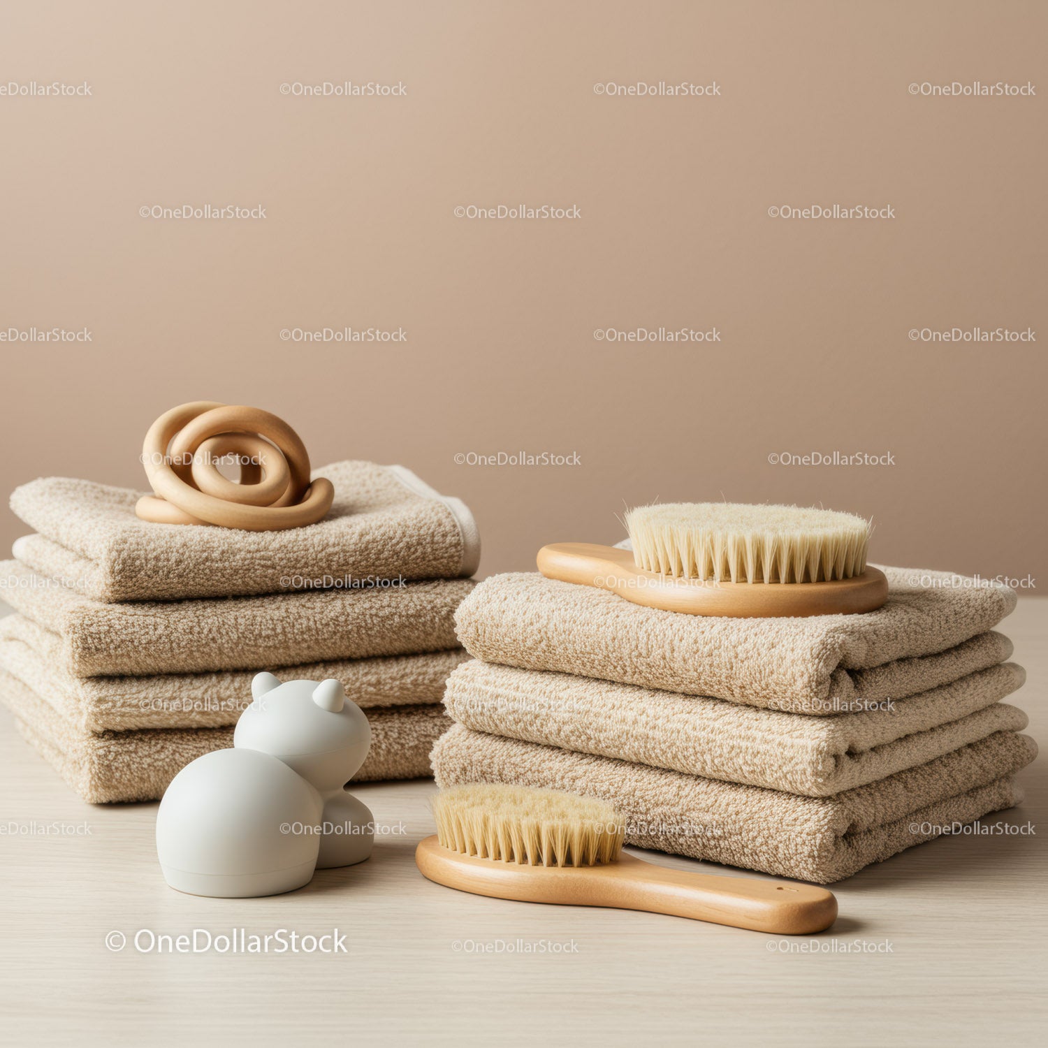 Neatly folded beige towels with wooden bath brushes