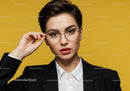 Stylish Woman Wearing Glasses With Confidence Against Yellow Background