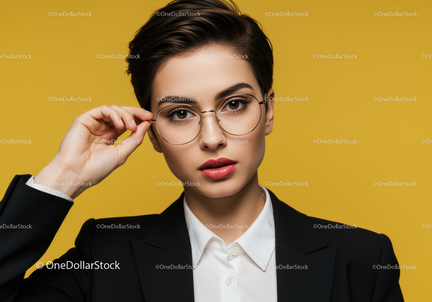 Stylish Woman Wearing Glasses With Confidence Against Yellow Background