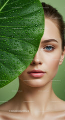 Close-Up of a Woman with Beautiful Skin and Dew Drops on Large Green Leaf