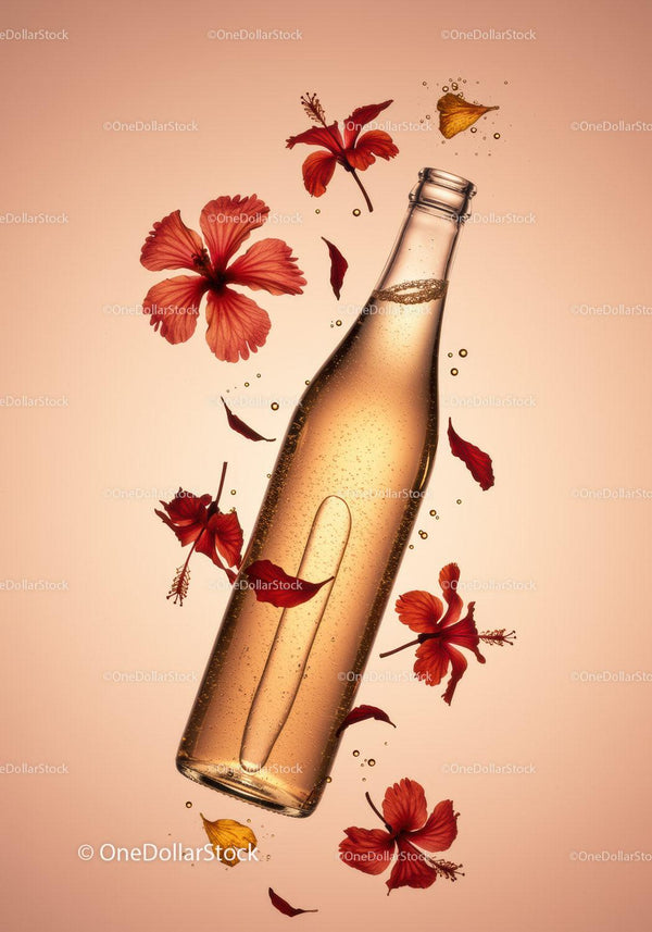Butelka musującego napoju otoczona żywymi kwiatami hibiskusa
