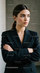 Elegant Businesswoman in Black Suit with Confident Expression